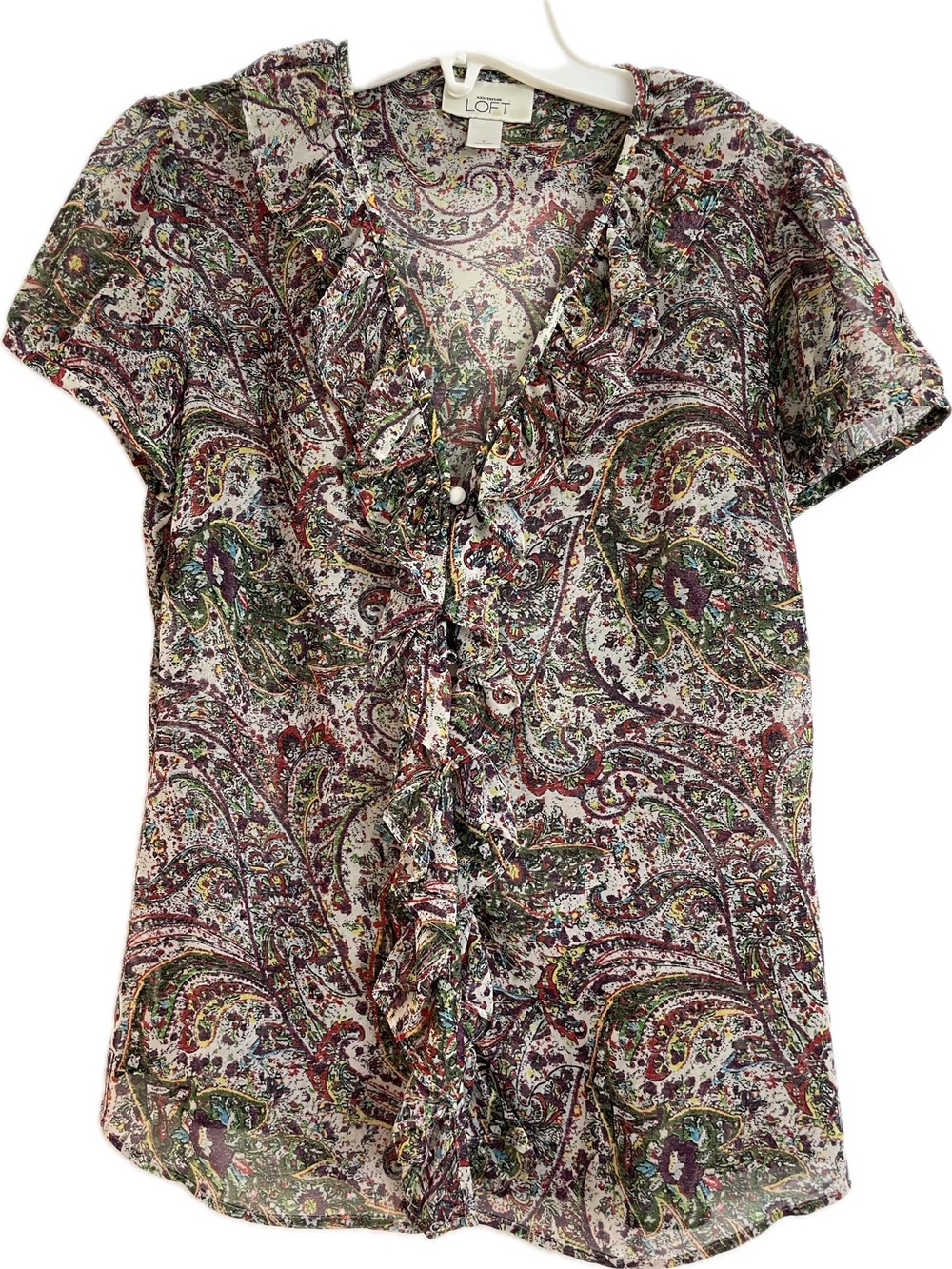 LOFT Paisley Ruffle Short-Sleeve Blouse - Purple, Green, Cream